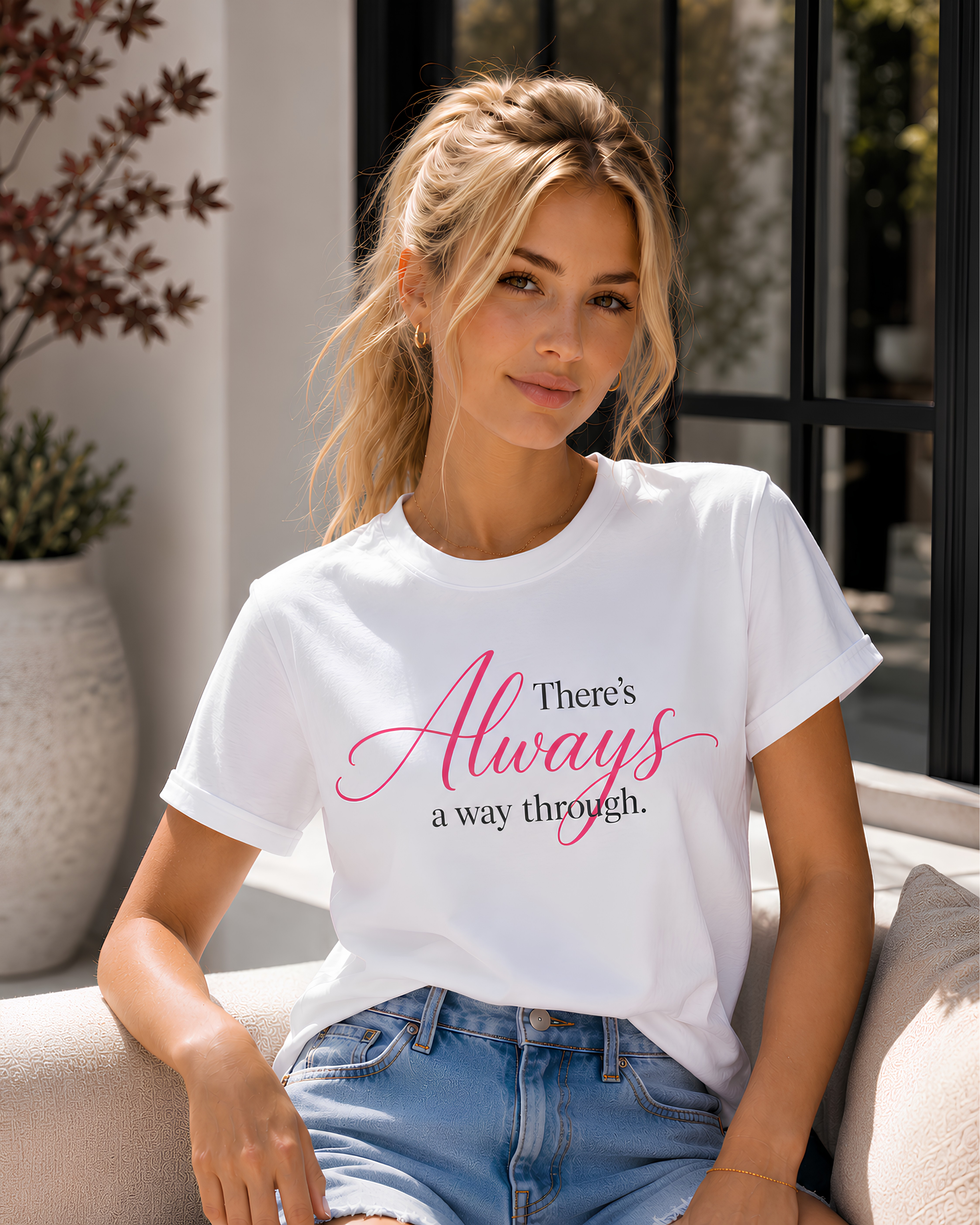 A woman wearing a white graphic t-shirt with the text 'There's Always a way through.' in pink and black script, paired with light blue denim shorts, sitting on a beige sofa in a bright, modern interior.