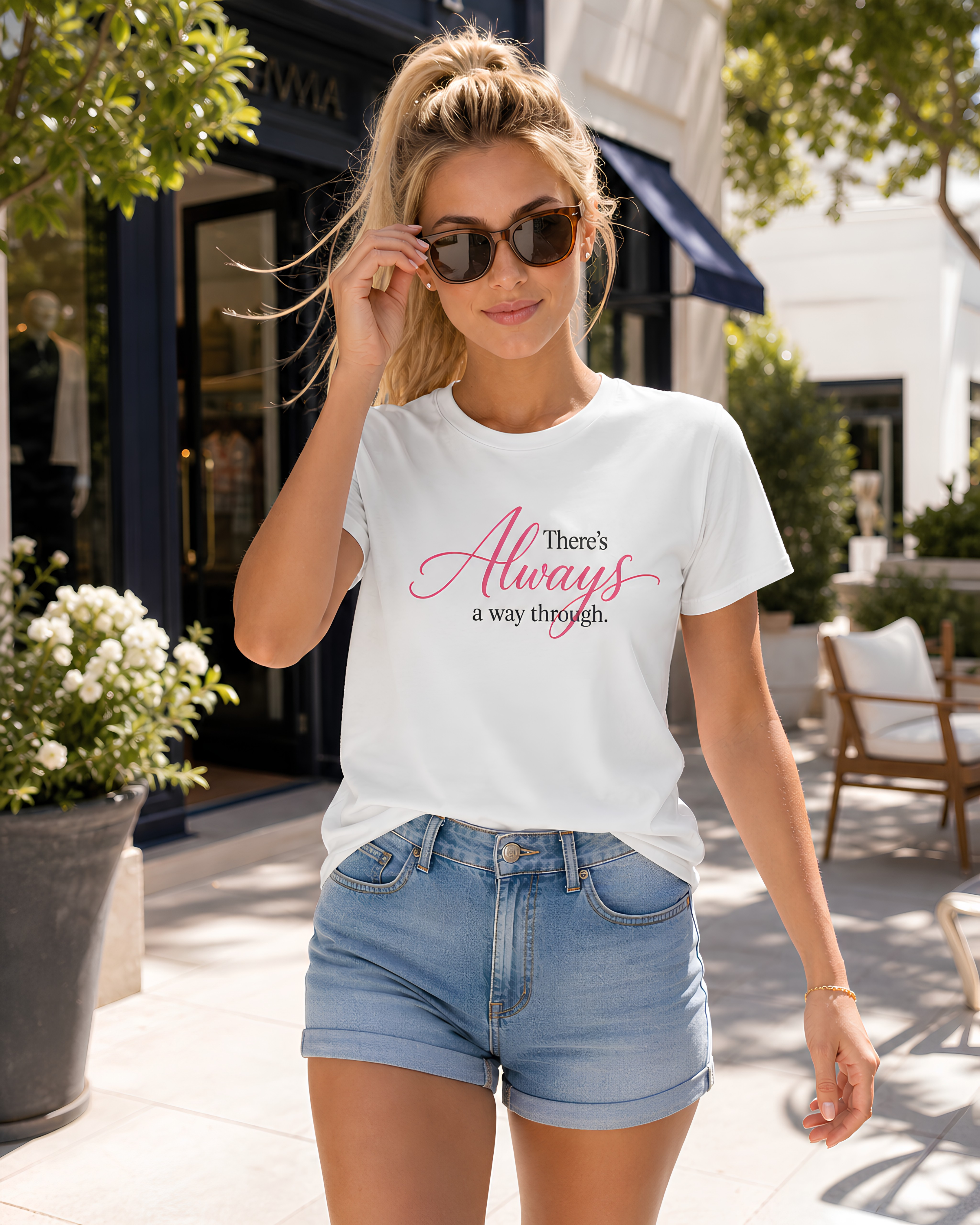 Woman wearing the white Always a Way Through inspirational graphic tee with pink script and dark graphite typography, styled with denim shorts, standing on a sunny outdoor sidewalk.
