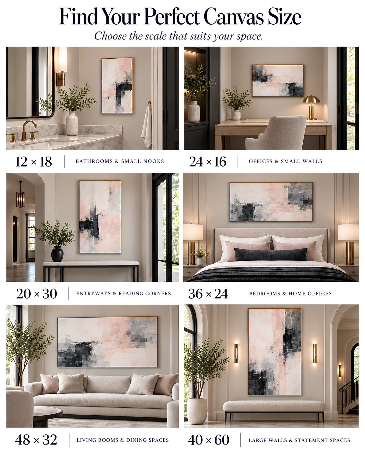 A six-panel size guide for wall art canvas prints, showing abstract pink, black, and gray paintings in different interior settings with labeled dimensions: 12 x 18, 24 x 16, 20 x 30, 36 x 24, 48 x 32, and 40 x 60. The top text reads 'Find Your Perfect Canvas Size' and 'Choose the scale that suits your space.