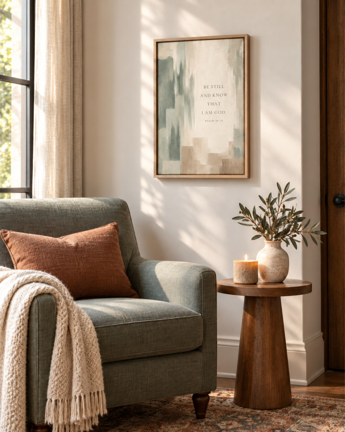 16 × 24 Be Still and Know scripture wall art beside a sage upholstered chair in a sunlit reflection corner