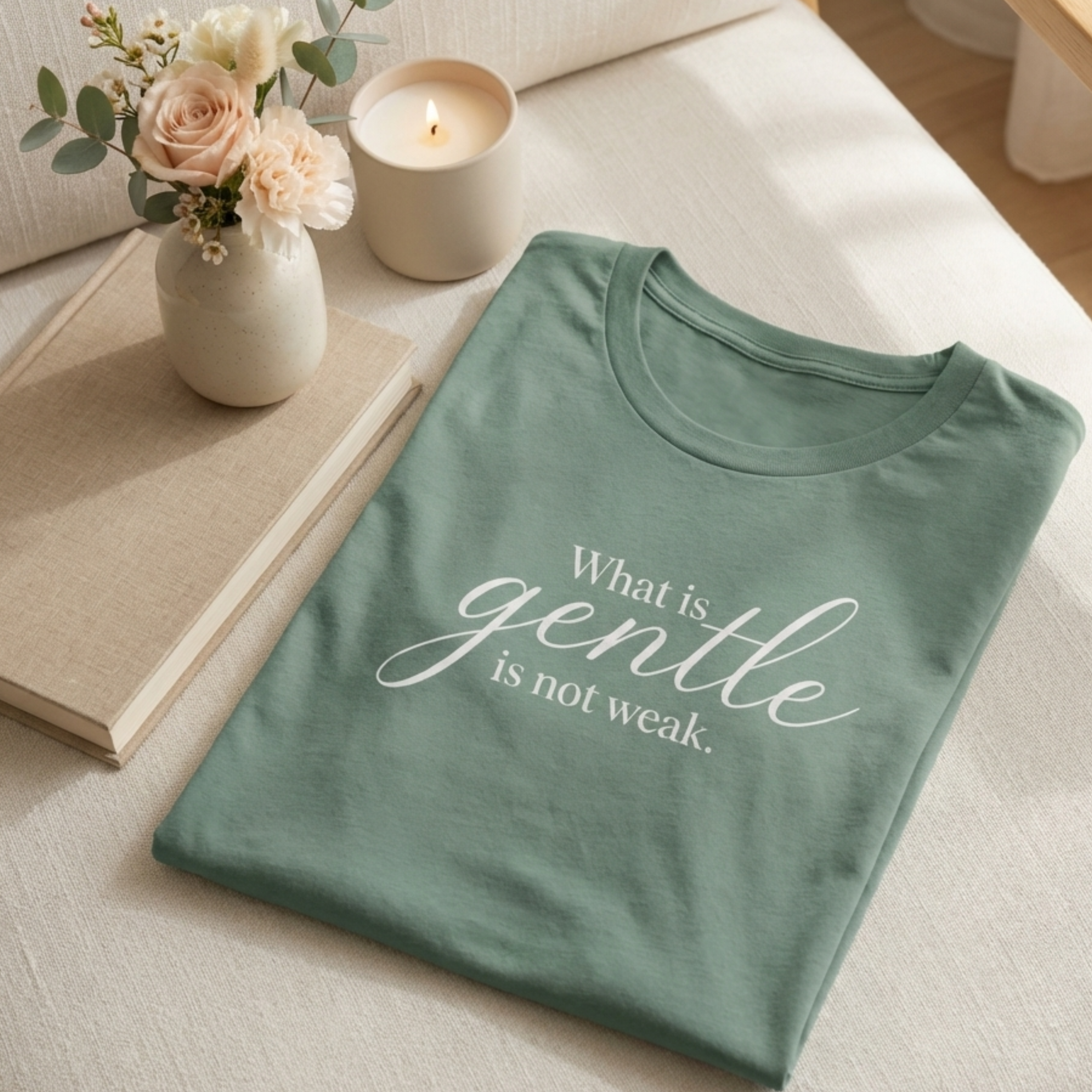 Flat lay of a sage green Christian inspirational graphic tee with the quote “What is gentle is not weak,” styled on soft neutral linen beside a beige book, lit candle, and blush florals in a calm feminine lifestyle setting.