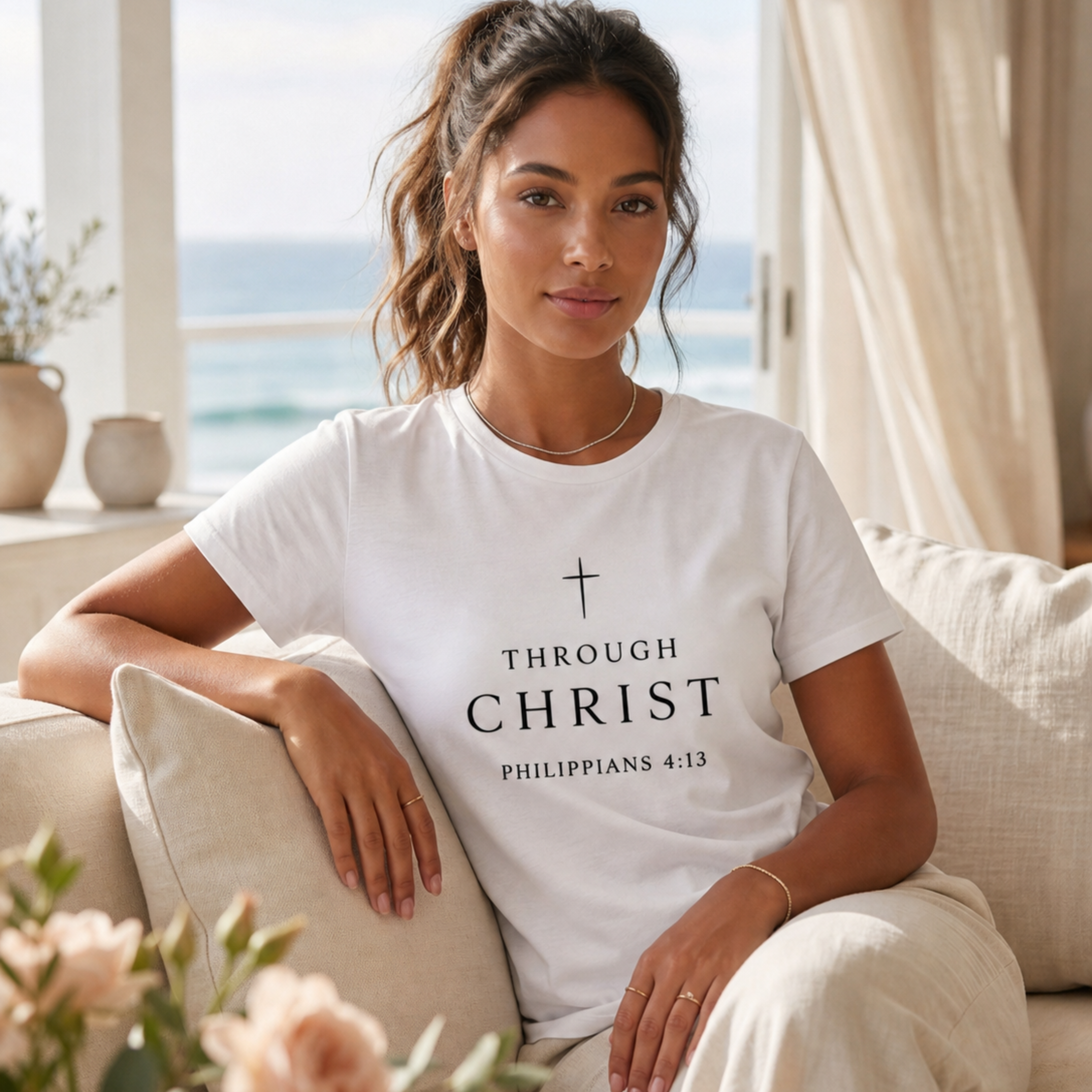 Woman wearing a white Christian graphic tee with cross design and “Through Christ Philippians 4:13” scripture text, seated reading a book in soft natural light with blush roses and a bright neutral faith-based lifestyle setting.