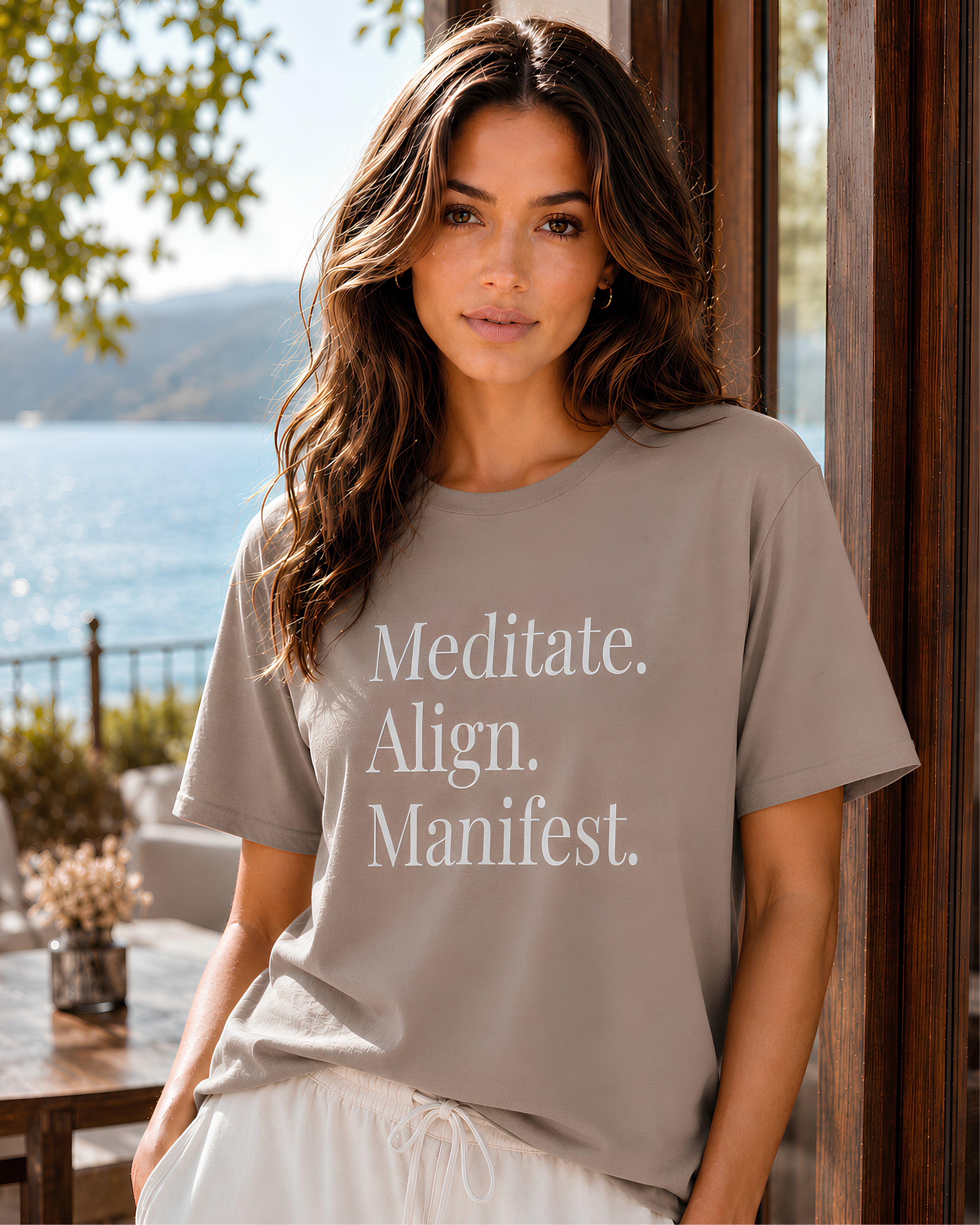 A woman wearing a Manifestation mushroom t-shirt with the text 'Meditate. Align.