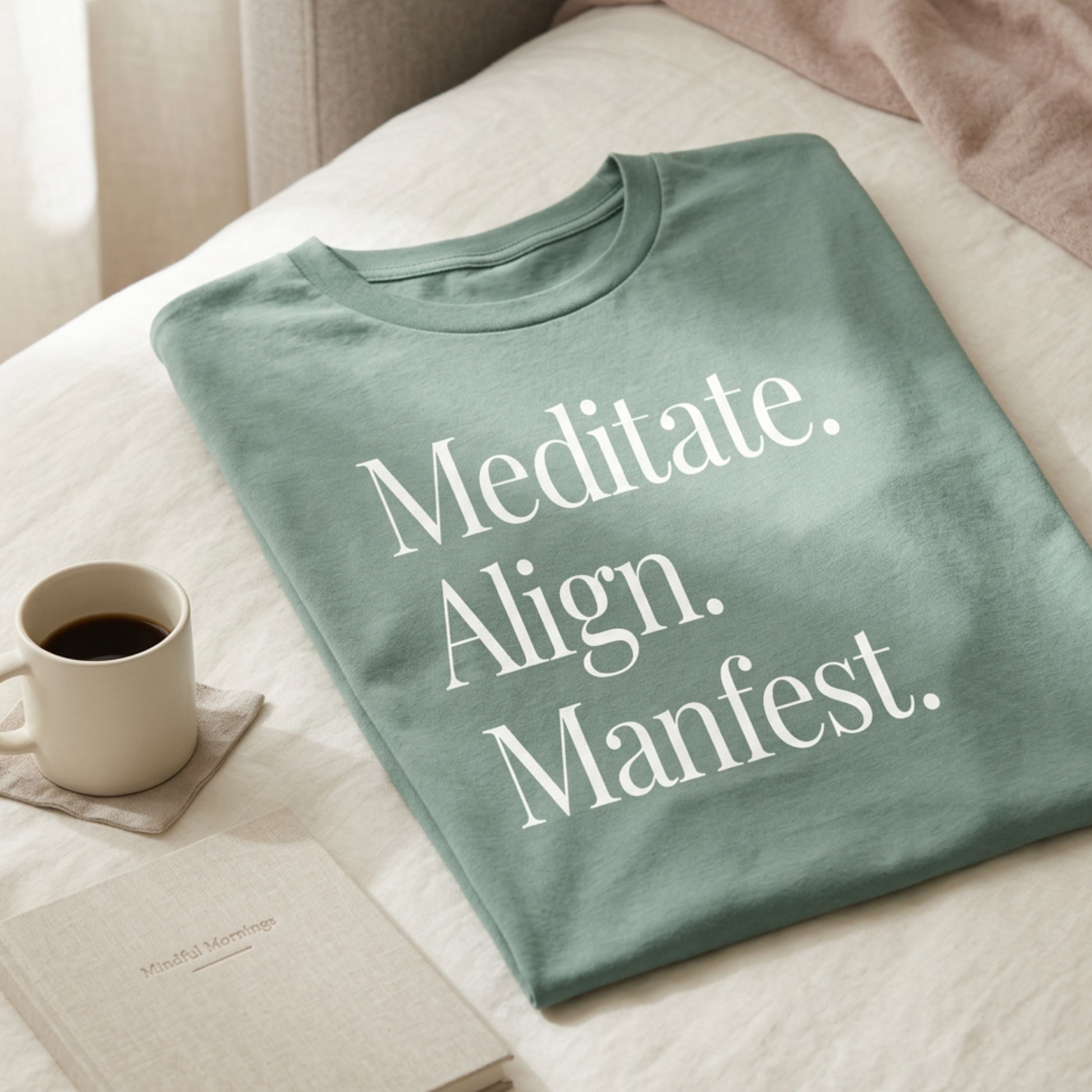 Flat lay of a sage green motivational graphic tee with the quote “Meditate. Align. Manifest.” styled on soft neutral bedding beside a coffee mug and journal for a calm feminine wellness lifestyle aesthetic.