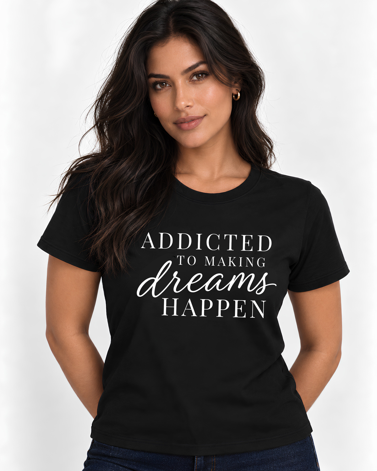 Woman styling a black motivational graphic tee for an elevated casual look