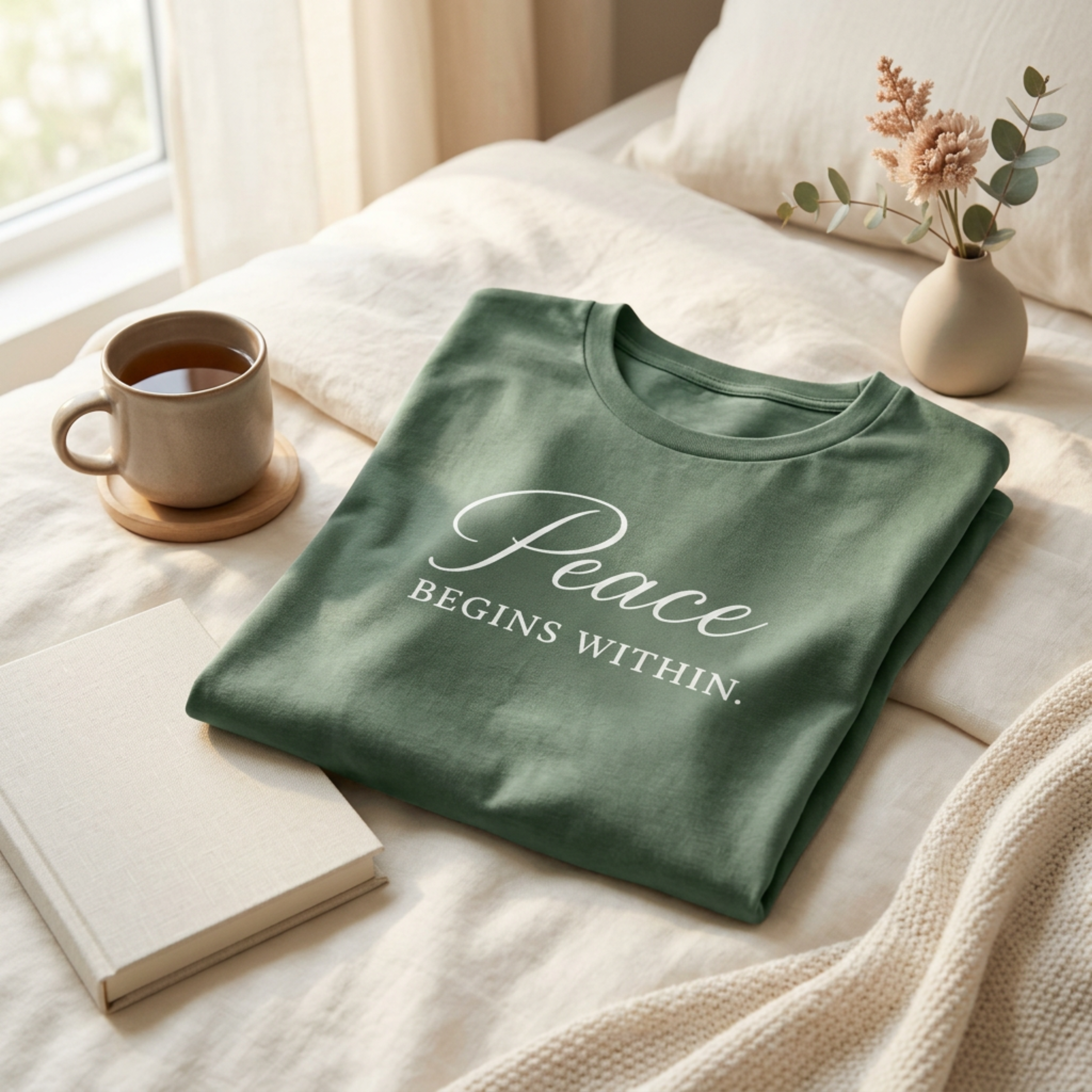 Flat lay of a sage green inspirational graphic tee with the quote “Peace Begins Within,” styled on soft neutral bedding beside a coffee mug, linen book, and minimal vase for a calm cozy self-care lifestyle aesthetic.