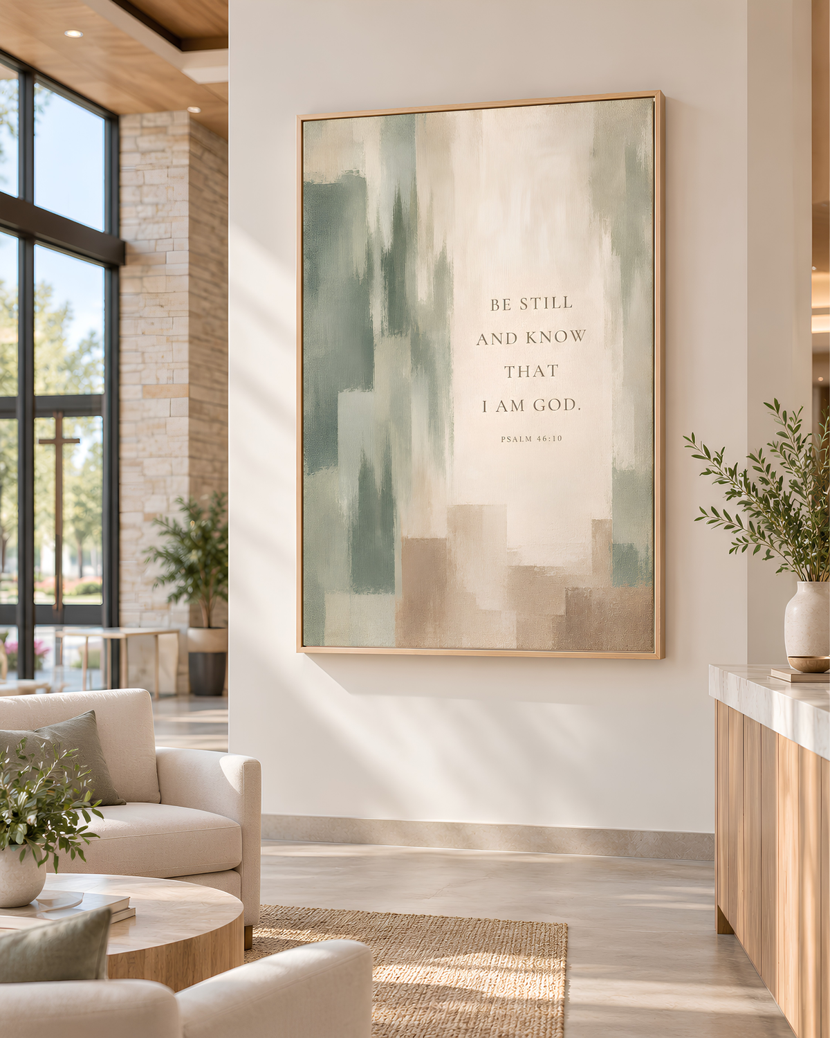 Be Still and Know Bible verse canvas wall art in a natural floating frame displayed in a bright modern church lobby
