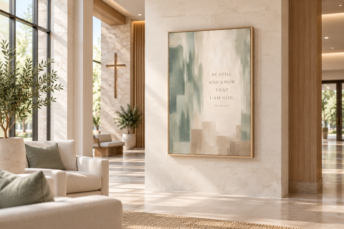 Modern Christian canvas wall art featuring “Be Still and Know That I Am God” Psalm 46:10 in soft sage green, ivory, and neutral abstract tones. Natural oak floating frame displayed in a bright, contemporary church lobby with elegant stone walls and modern seating.