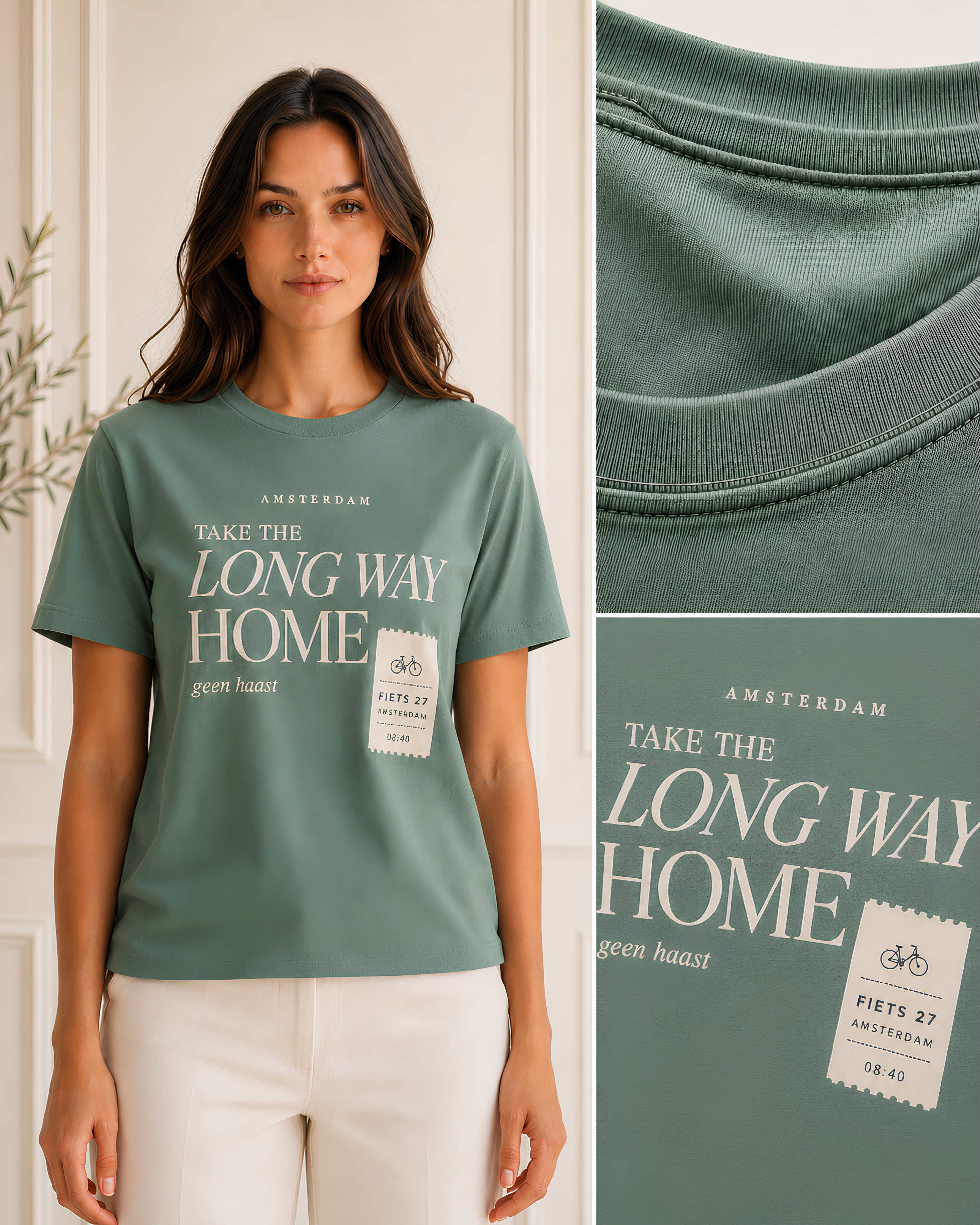 Sage Amsterdam T-shirt for women showing Take the Long Way Home graphic, bicycle ticket print and premium cotton detail