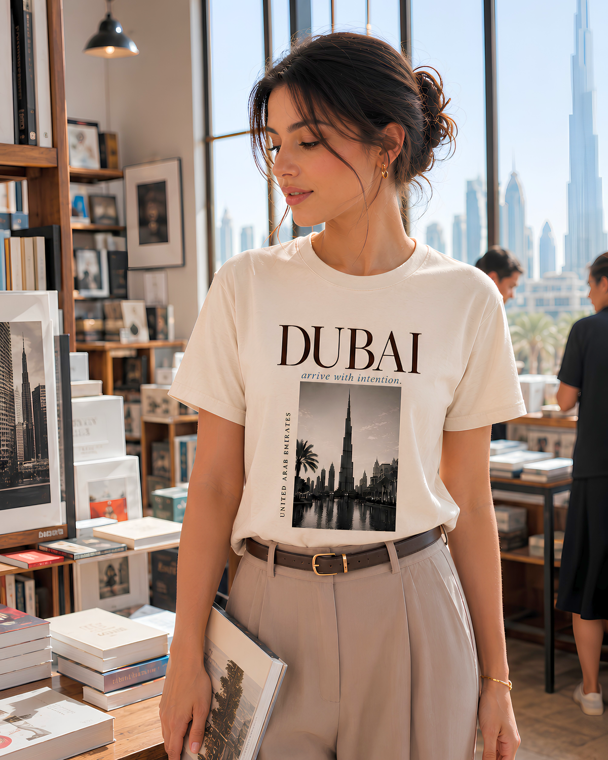 Woman styling a bone Dubai travel tee with tailored trousers in a bookstore overlooking the Burj Khalifa and Dubai skyline.
