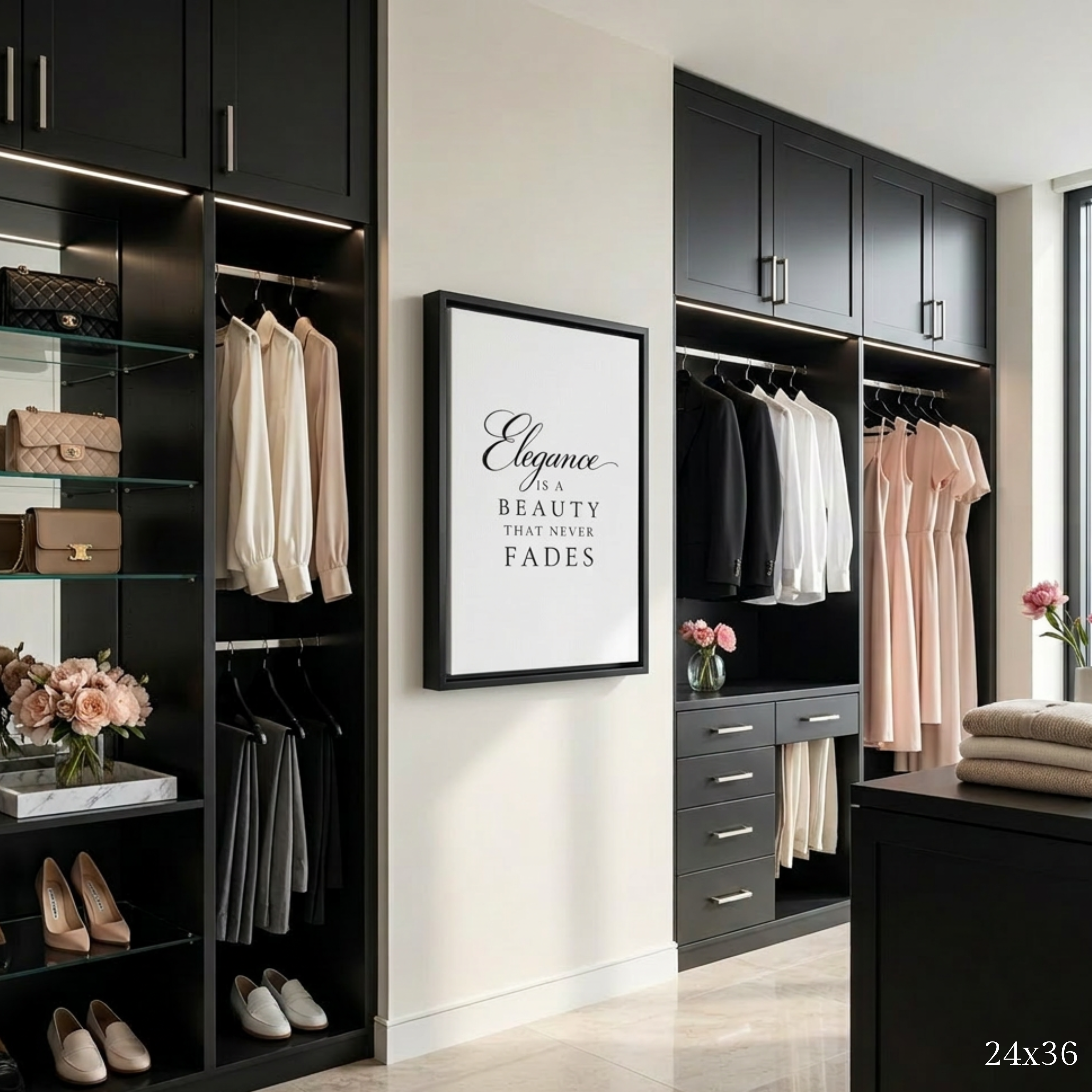 "Elegance is a Beauty” Canvas Wall Art | Black Frame