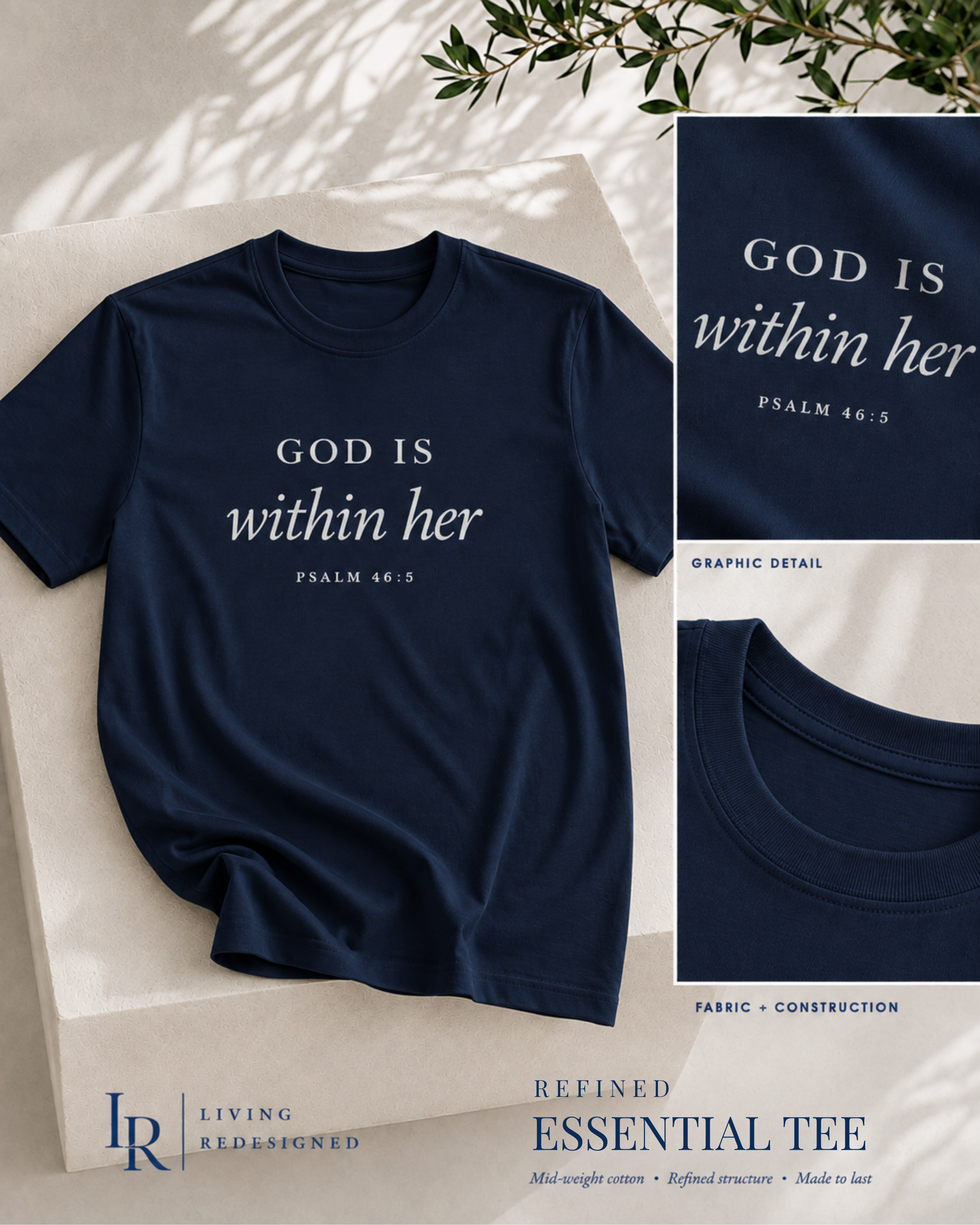 Navy God Is Within Her Psalm 46:5 Christian tee for women with refined typography, premium cotton fabric and graphic detail.