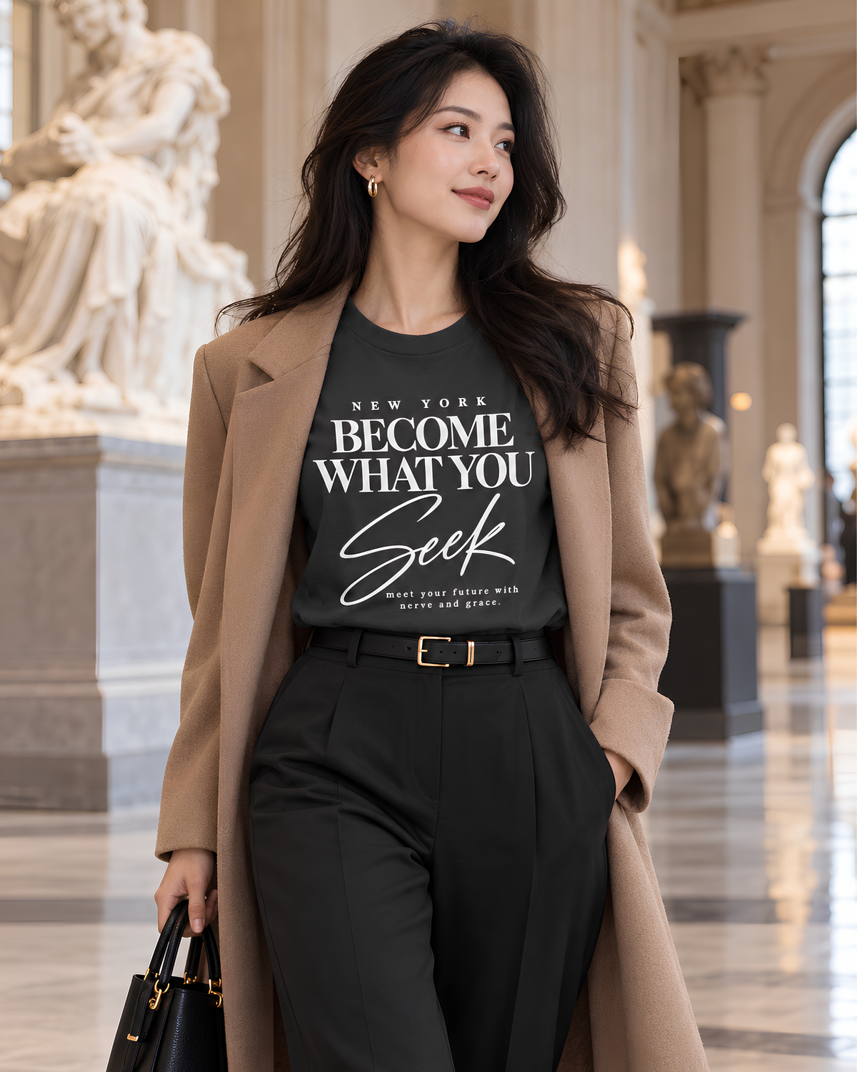 New York “Become What You Seek” T-shirt styled with a polished, everyday outfit.
