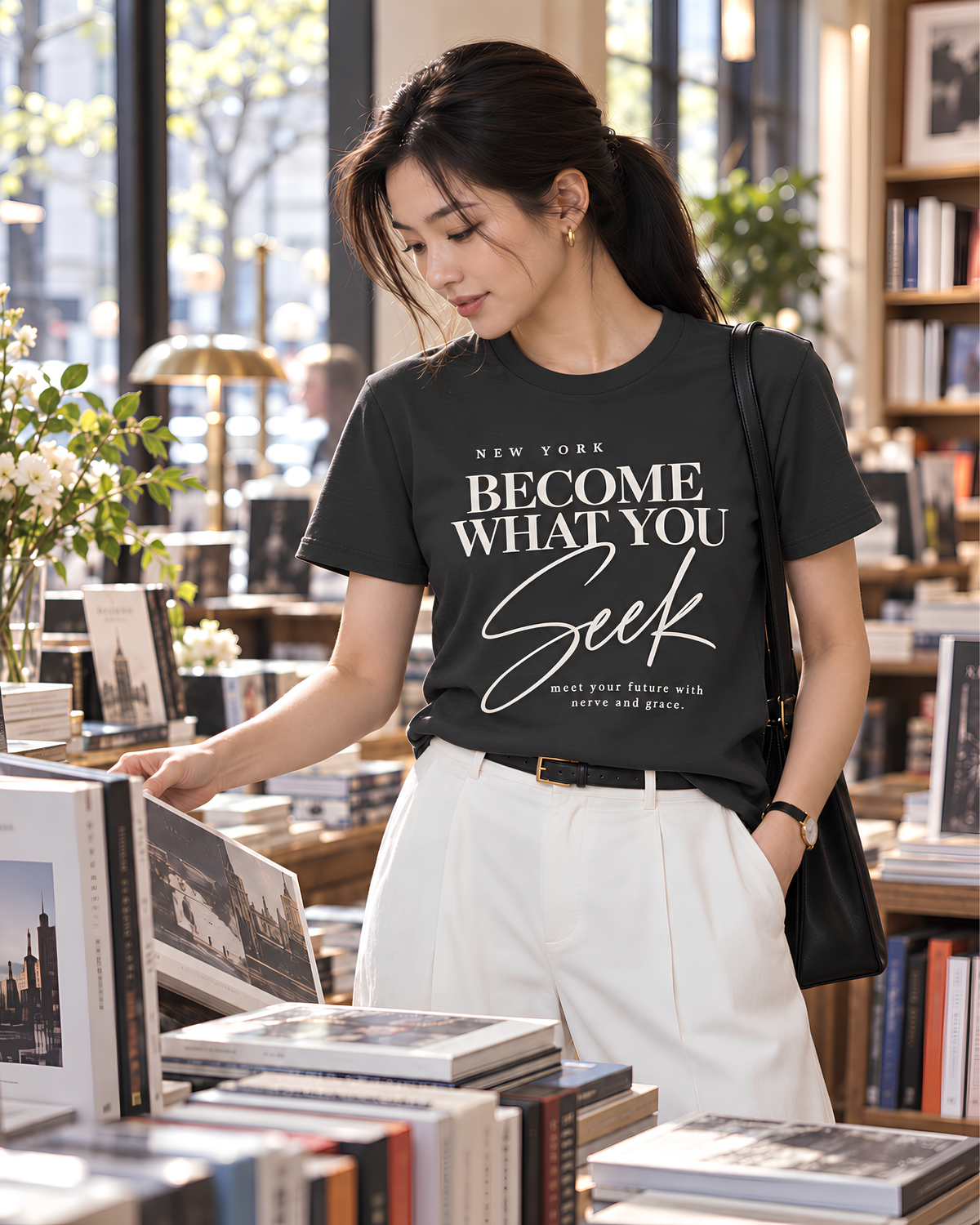 Woman wearing a coal New York graphic tee for women with “Become What You Seek” typography while browsing books in a stylish New York bookstore.