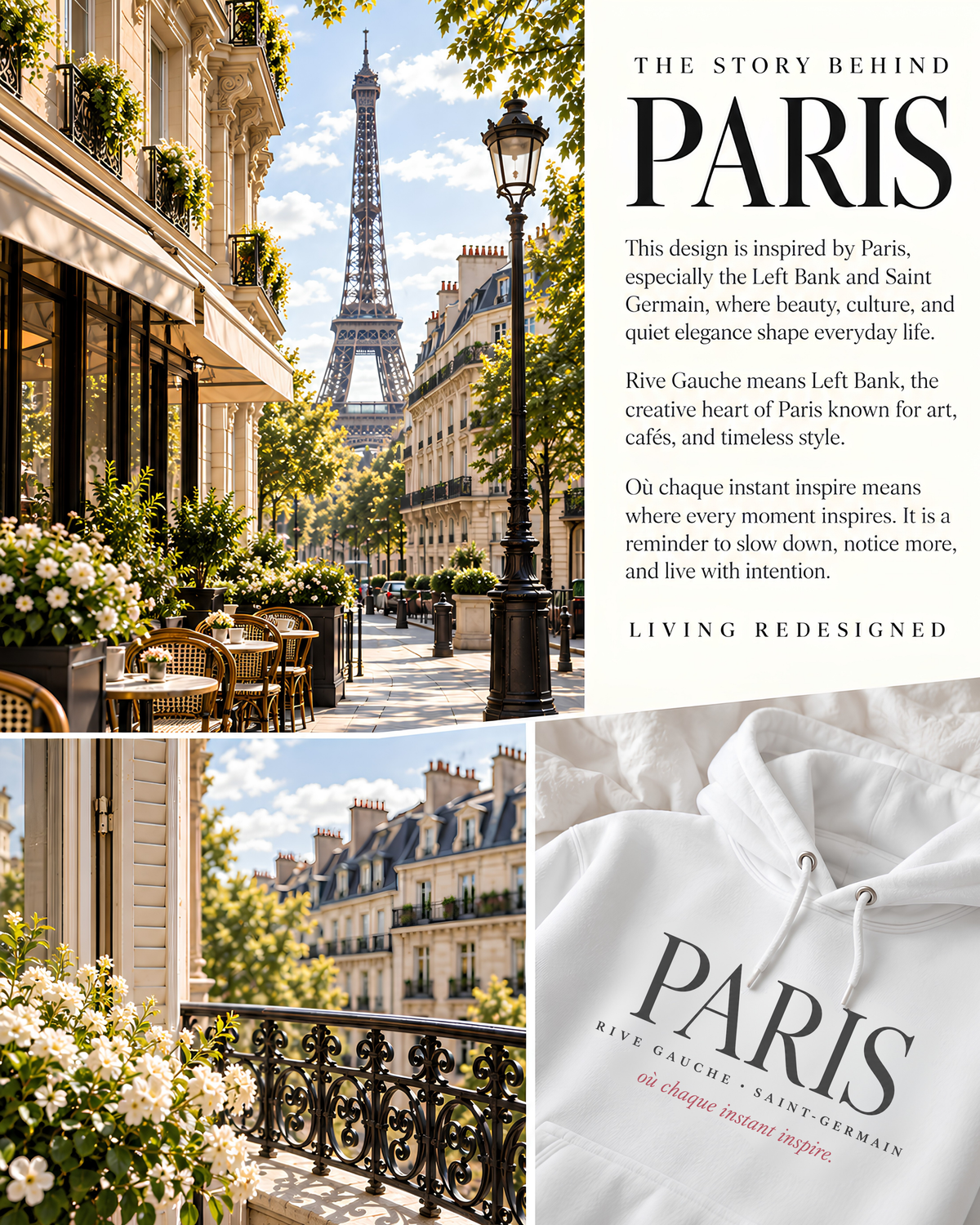 A Paris-themed apparel listing collage with a large text panel reading 'THE STORY BEHIND PARIS' and 'LIVING REDESIGNED,' plus three photos: an Eiffel Tower street scene, a Parisian balcony view, and a close-up of a white hoodie printed with 'PARIS' and the brand name 'Rive Gauchée Saint-Germain.'.