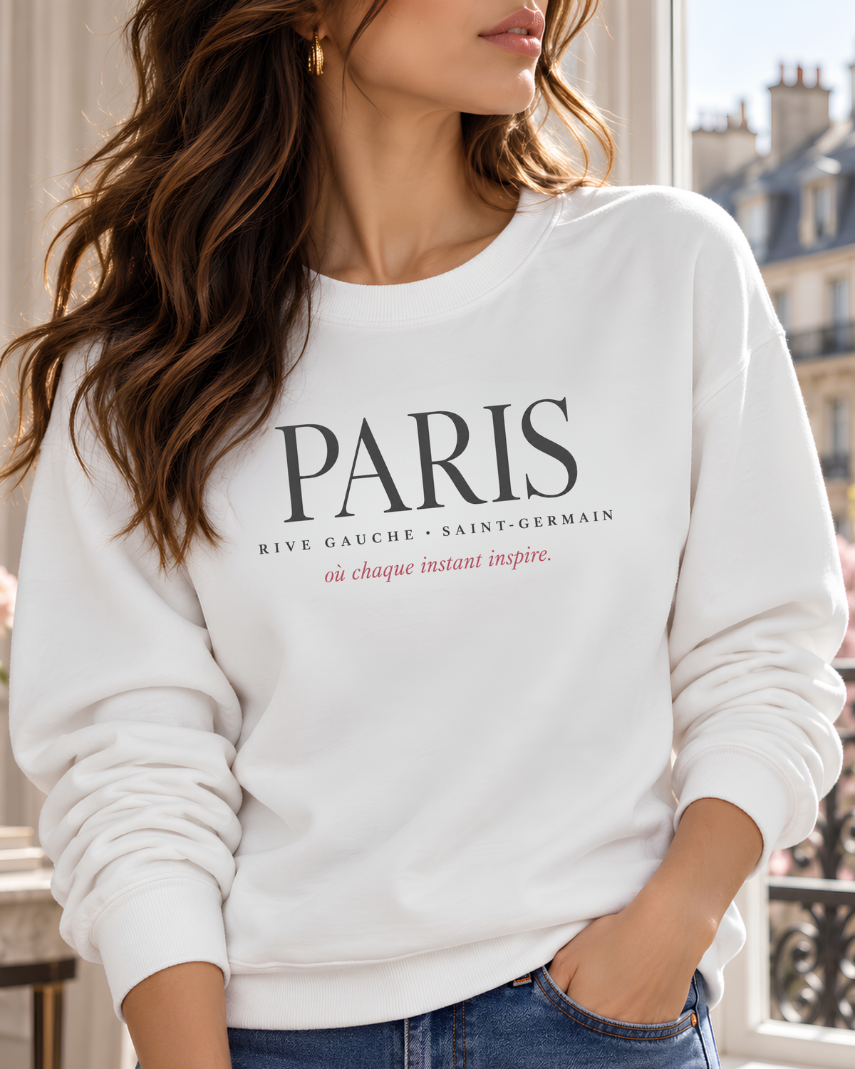 White Paris Rive Gauche Saint-Germain crewneck sweatshirt for women with refined French destination lettering.