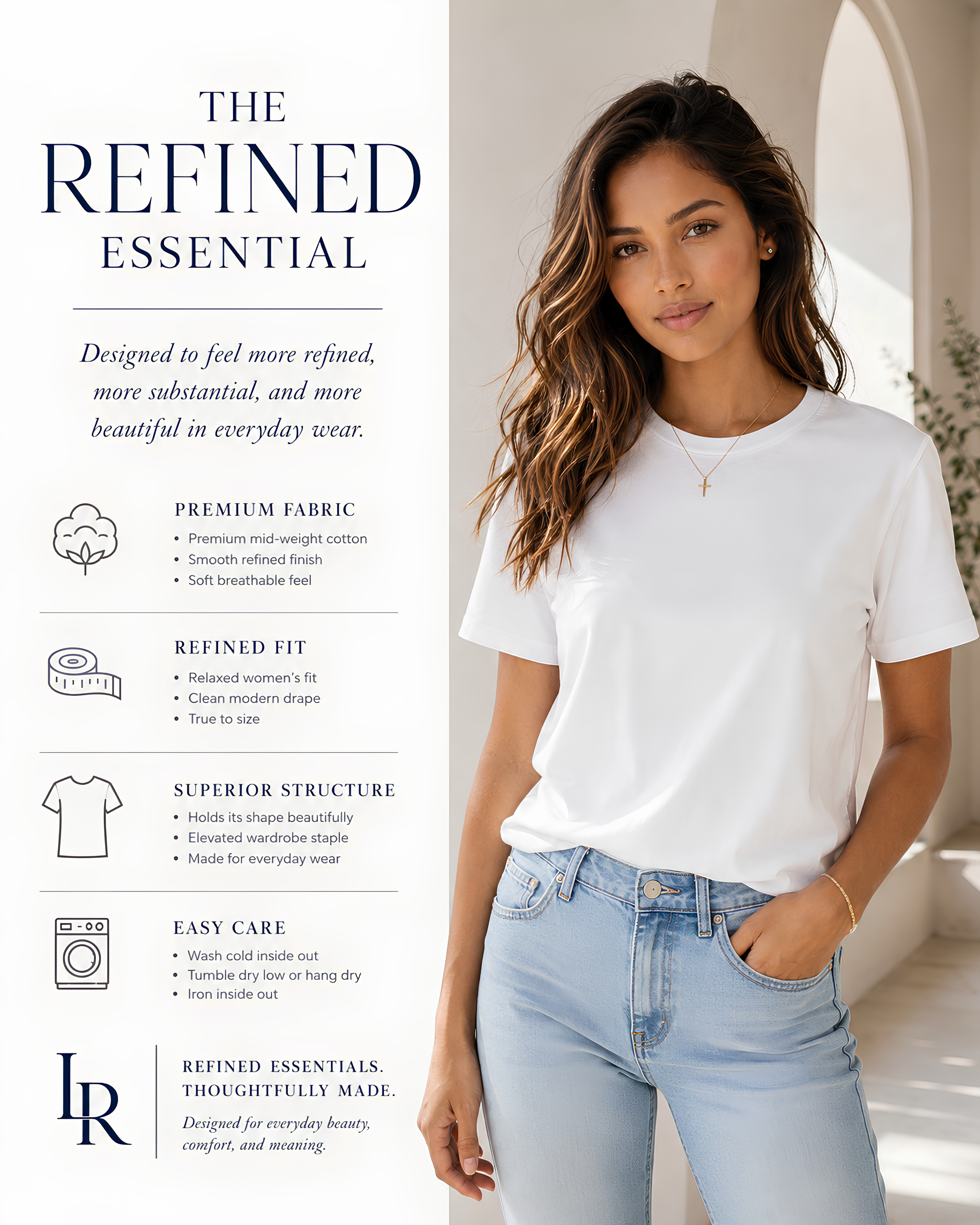 Product quality graphic describing premium mid-weight cotton, relaxed fit, structured drape and easy care for the Living Redesigned women’s tee.