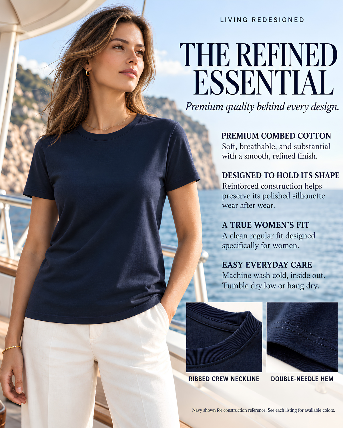 Woman wearing a navy premium cotton T-shirt on a luxury yacht with close-up details of the ribbed crew neckline and double-needle hem, highlighting the soft combed cotton fabric, quality construction and women’s fit.