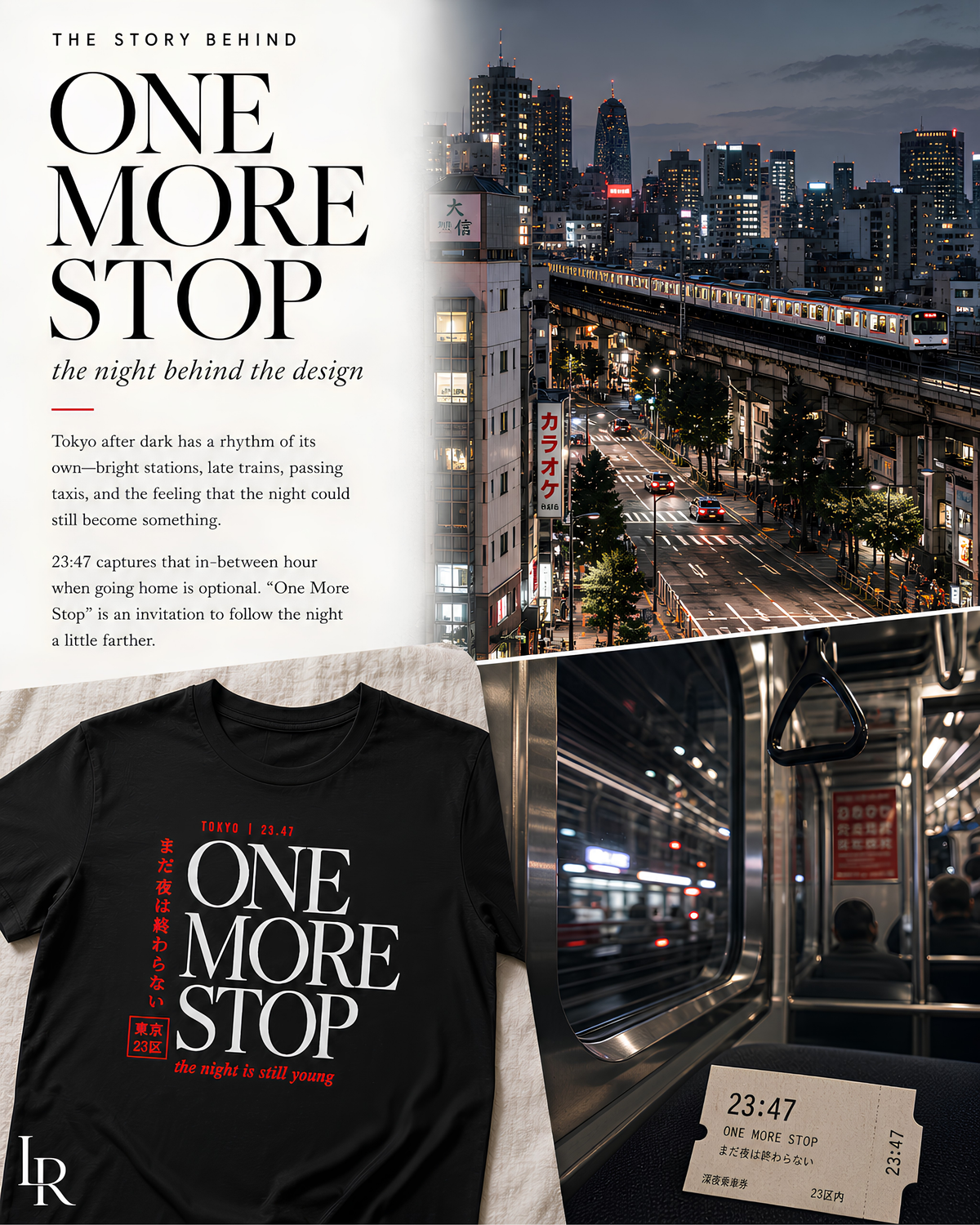 Story behind the Tokyo One More Stop tee with Tokyo train imagery, black graphic shirt and 23:47 design concept