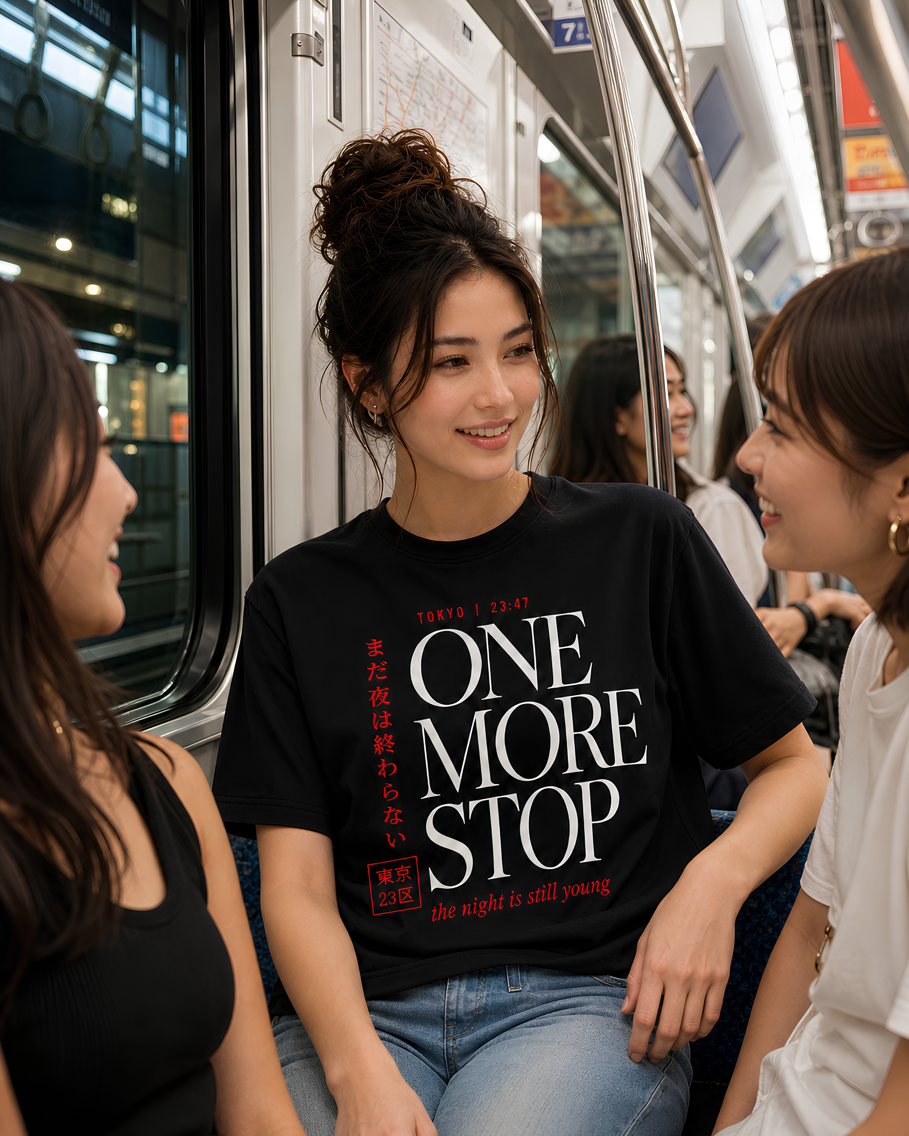 Woman wearing Tokyo One More Stop travel shirt while riding a train with friends in Japan