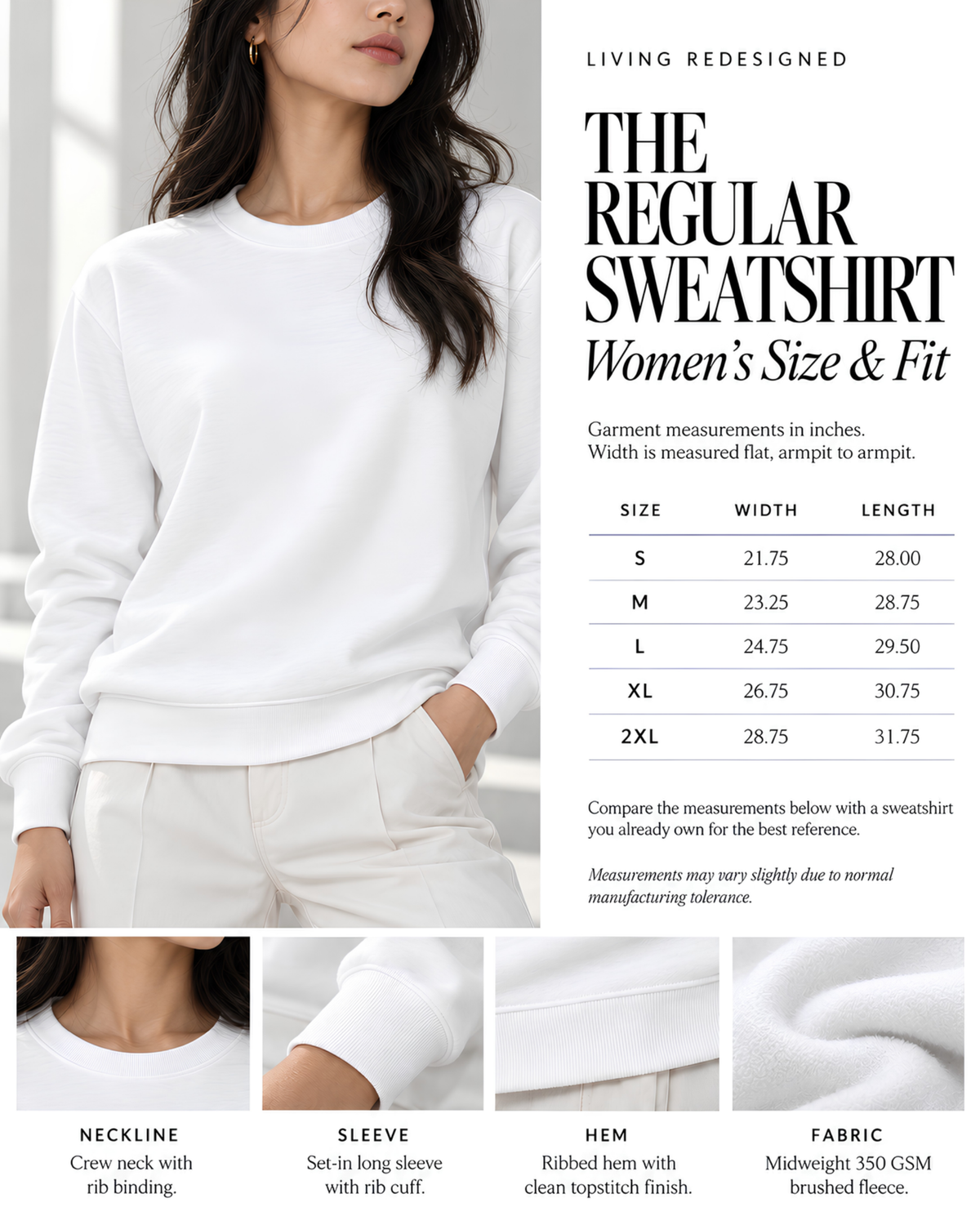 White women's crewneck sweatshirt size and fit guide by Living Redesigned, featuring a model wearing a regular-fit sweatshirt, S–2XL garment measurements, ribbed neckline, cuffs and hem, and close-up details of premium 350 GSM organic cotton-blend brushed fleece.