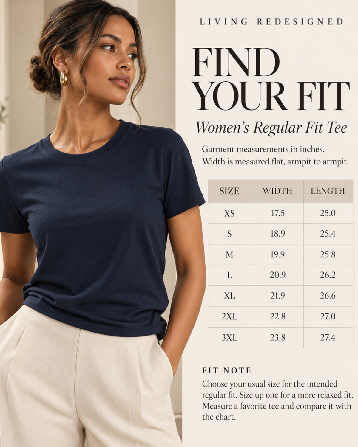 Living Redesigned women’s regular fit T-shirt size chart for XS through 3XL, with garment width and length measurements in inches and a woman modeling the premium navy tee to show its natural fit and drape.