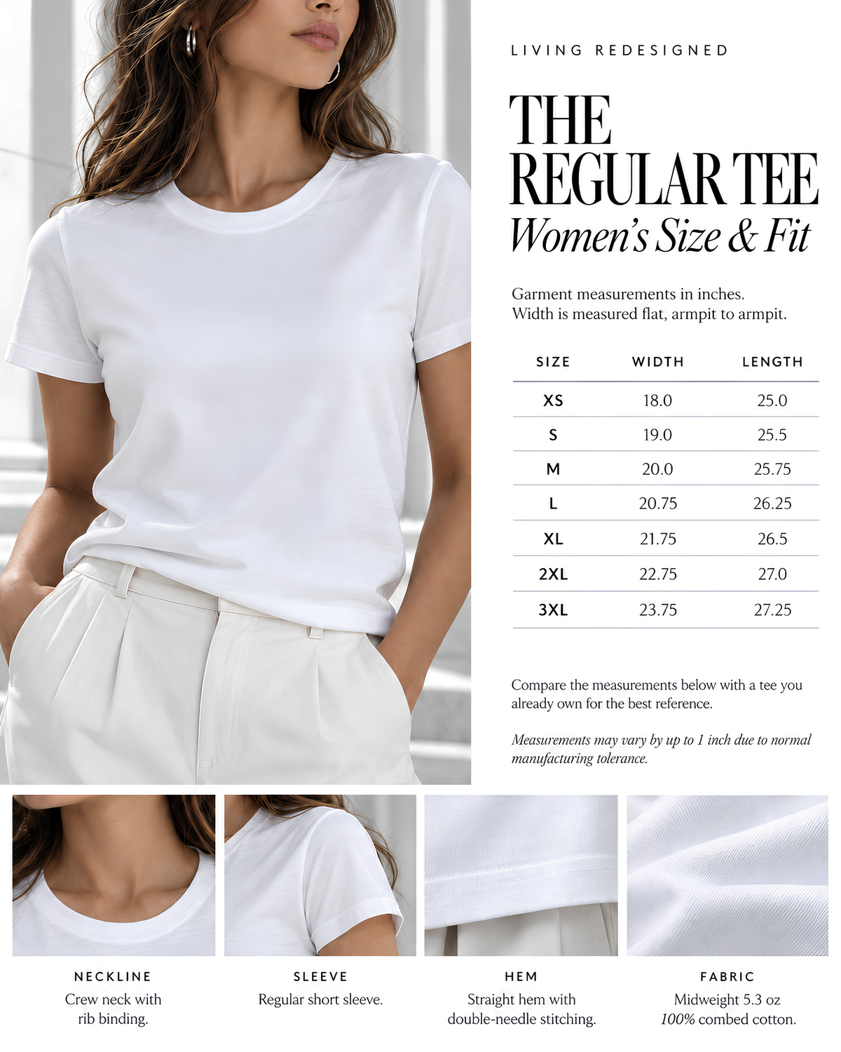 Women's regular-fit T-shirt size chart showing XS–3XL garment width and length measurements in inches alongside a navy tee fit example.
