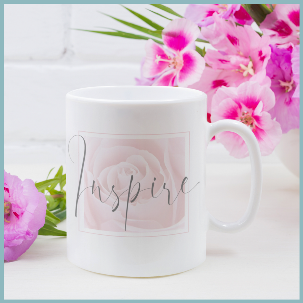 Beautiful Coffee Mug with inspirational quote "Inspire", White, Pink, & Gray by Living Redesigned
