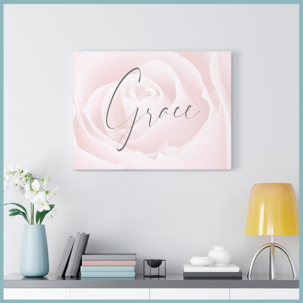 Inspirational Canvas Wall Art with the quote "Grace" Home Decor White, Pink, & Gray by Living Redesigned