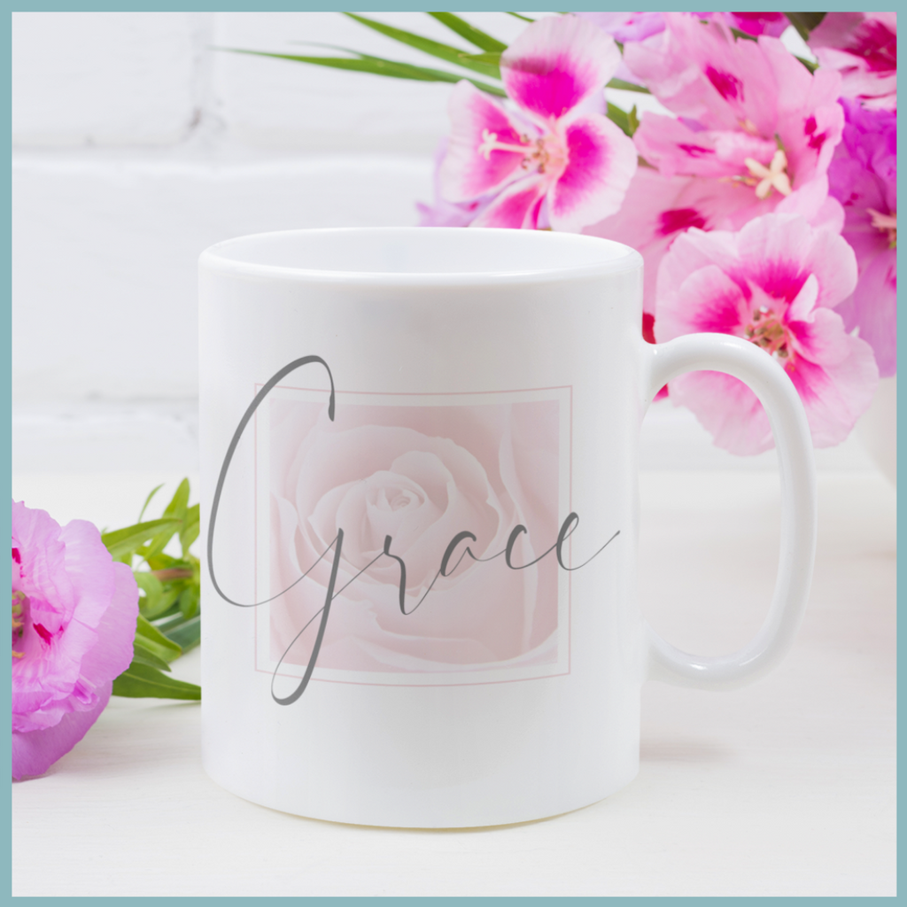 Beautiful Coffee Mug with inspirational quote "Grace", White, Pink, & Gray by Living Redesigned