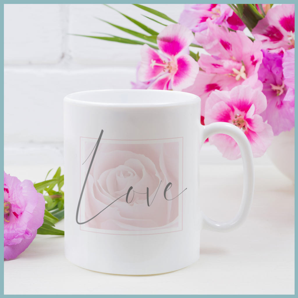 Beautiful Coffee Mug with inspirational quote "Love", White, Pink, & Gray by Living Redesigned